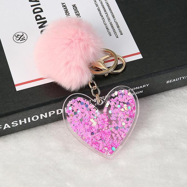 

keychains 1pc cute women acrylic pink heart glitter hollowed-out handbag charms with puffer ball gifts, Silver