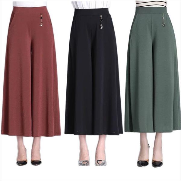 

loose high waist womens capri ankle length wide leg elastic waistline vintage trousers moms summer ventilate thin female, Black;white