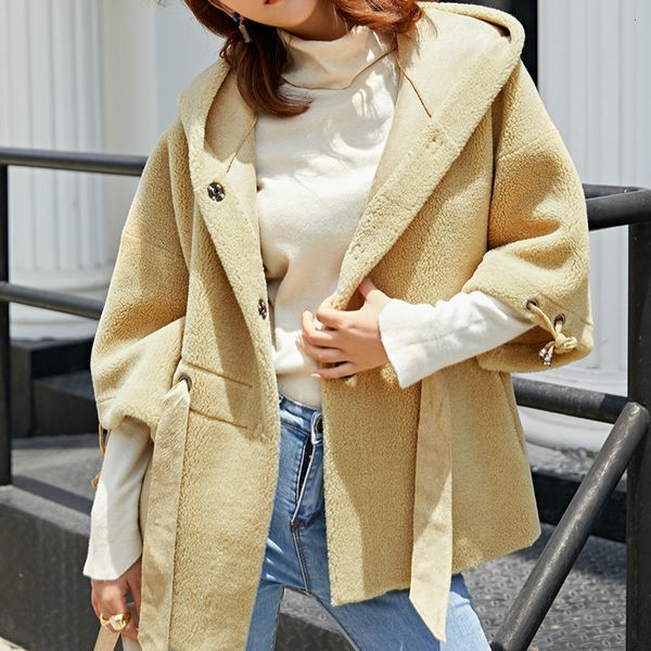 

wool jacket autumn winter clothes real fur coat korean vintage sheep shearling suede lining women zt3758, Black