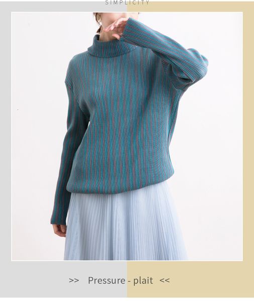 

knits miyake fashion fold long-sleeved stripes turtleneck t-shirt women, White