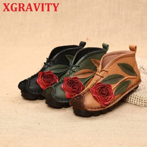 

xgravity s142 autumn new fashion boots v cut ladies cow genuine leather comfort flower ethnic shoe 210429, Black