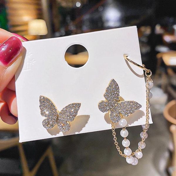 

stud korean elegant cute rhinestone butterfly earrings for women girls fashion metal chain boucle d'oreille jewelry, Golden;silver