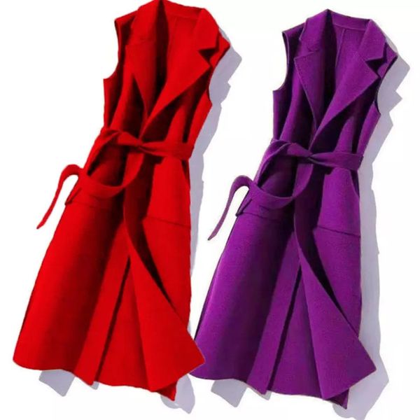 

women's vests autumn winter wool long vest sleeveless jacket coat women woolen waistcoat female slim pockets clothes with belt out, Black;white