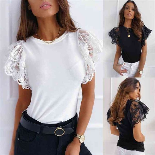 

summer lace patchwork slim t-shirt women ruffles short sleeve tees 2021 elegant casual solid ladies o neck white black