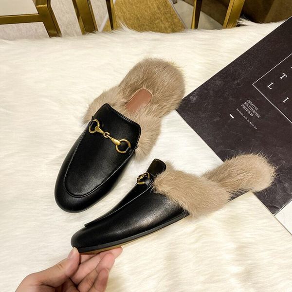 

furry slippers women's 2021 autumn fashion outer wear baotou muller shoes rabbit fur half casua b4, Black