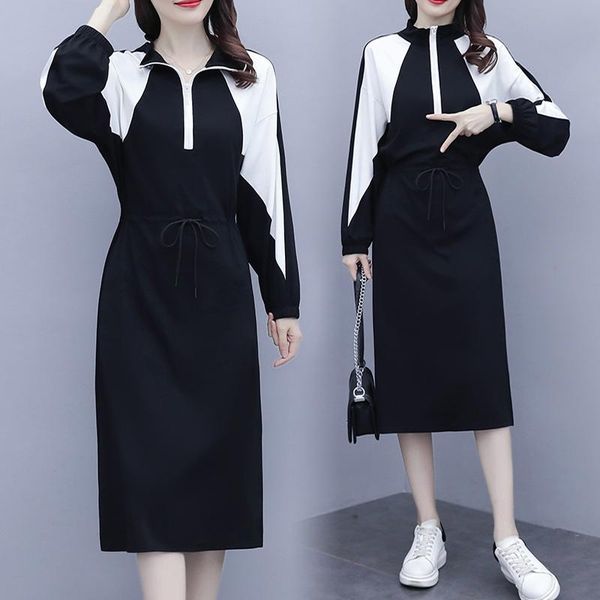 

casual dresses women loose slim dress clothes 2021 fashion autumn long sleeve patchwork blouse blusa belt ladies for woman, Black;gray