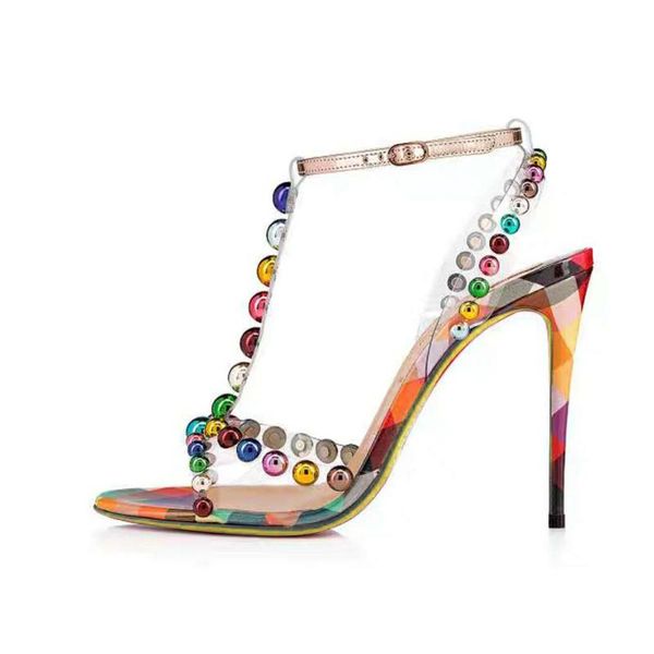 

big size 34-45 2021 summer colorful bead pvc t-strap women high heels genuine leather dress sandals, Black