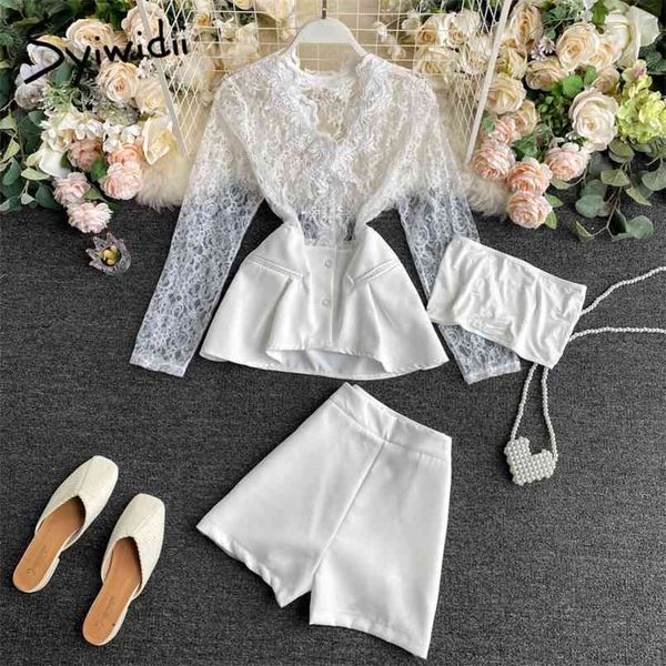 

2 pieces set business women high waist office shorts and lace spliced v neck button up blouses with bandeau summer 210607, White
