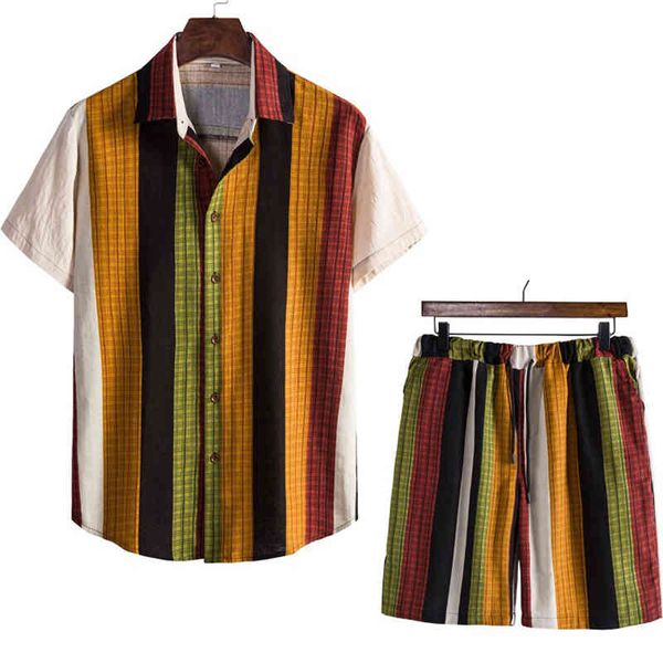 

striped men's sets short sleeve summer casual aloha shirt suit print hawaiian beach shorts set oversize streetwear 13+ colors 210524, Gray