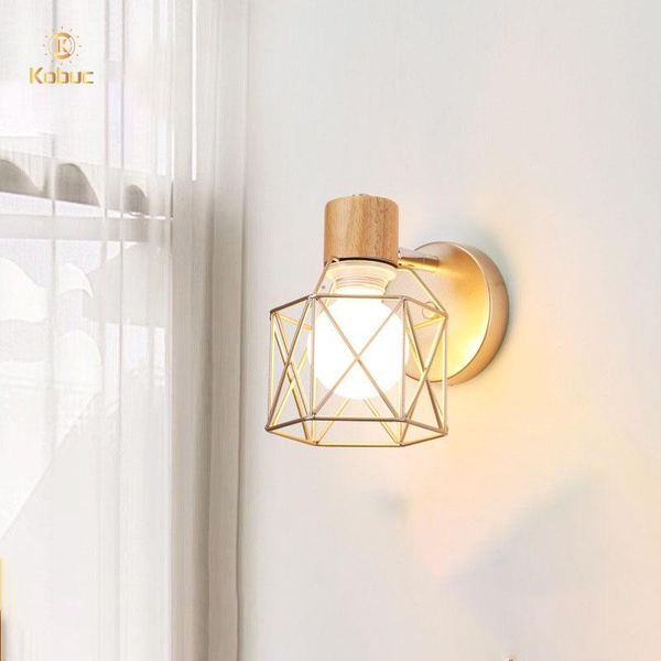 

kobuc industrial geometry metal wall light bedroom kitchen restaurant wooden sconce gold white black indoor lamps lighting