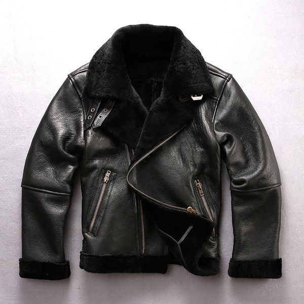 

super quality warm genuine sheepskin fur jackets men's winter autumn shearling bomber jacket vintage large size coats 2021 leather & fa, Black