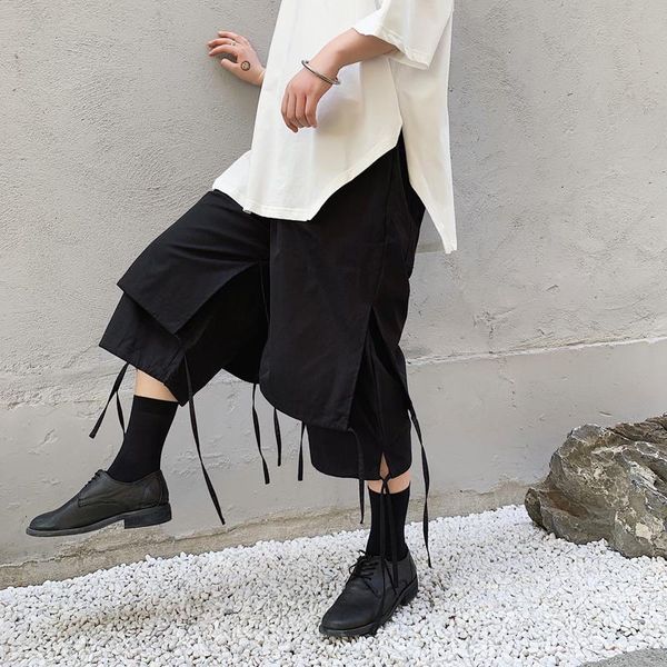 

men loose fake two pieces casual wide leg straight pants male streetwear hip hop punk gothic japan kimono trousers harem pant men's, Black