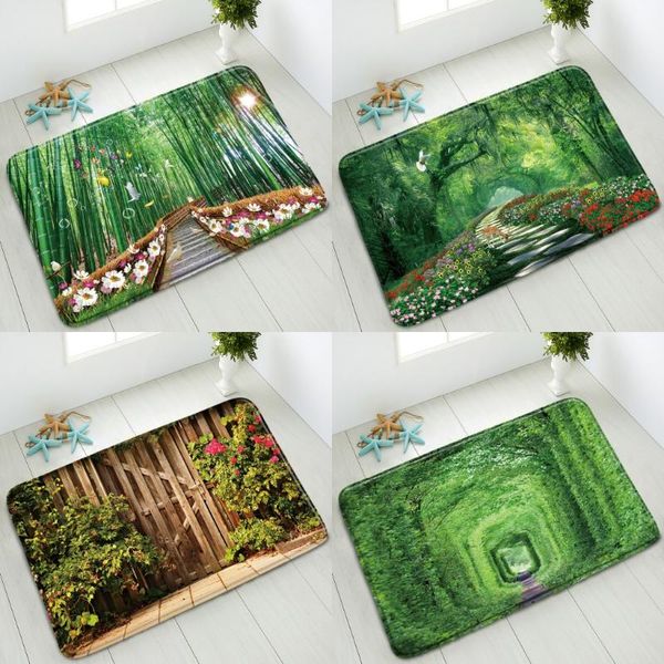 

bath mats natural scenery non-slip bathroom mat green bamboo forest plant flower wooden door deer indoor entrance doormat absorbent carpet