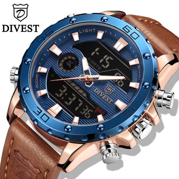 

wristwatches divest fashion mens watches waterproof sport dual display military quartz for men relogio masculino, Slivery;brown