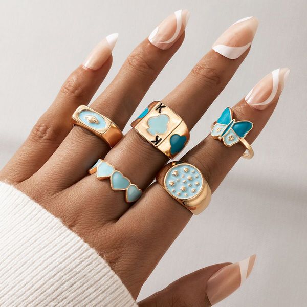 

5pcs/set bohemia geometric butterfly rings for woman trendy poker suit love heart gold chunk finger rings jewelry gifts, Silver