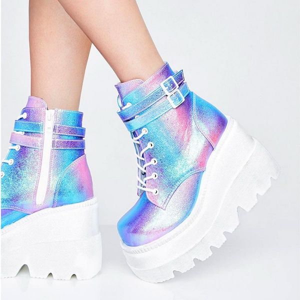 

boots winter fashion high platform leather wedges ankle women 2021 female punk style heels shoes for woman, Black