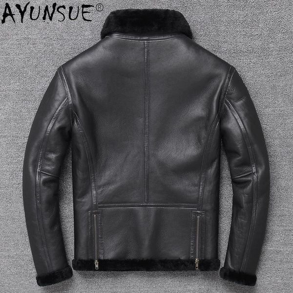 

men's leather & faux akoosun genuine jacket men real fur winter male sheepskin coat shearling warm vintage flight jackets, Black