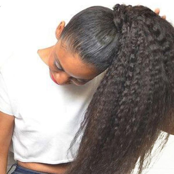 

human hair bulks kinky straight ponytail drawstring with clip ins coarse yaki puffy brazilian extension non-remy dorisy, Black