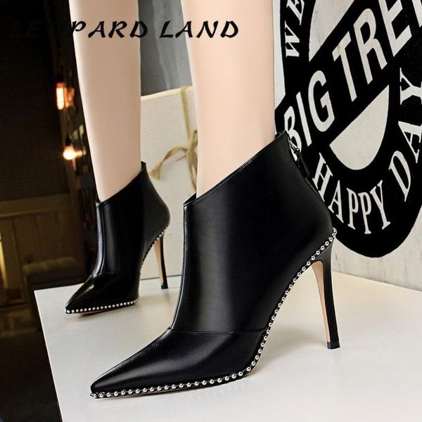 

boots leopard land winter bare women's nightclub booties slim thin high-heeled pointed rivets ds-126-15, Black