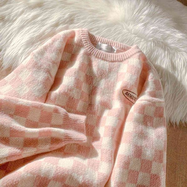 

women's sweaters vintage streetwear harajuku korean o neck long sleeve checkboard plaid sueter mujer japanese oversize jumper femme x3z, White;black