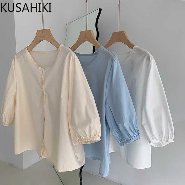 

sweet 3/4 puff sleeve blouse causal o-neck korean solid woman shirt spring summer camisas mujer 6g720 210603, White