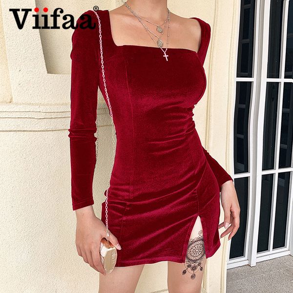 

viifaa square neck split hem ladies winter velvet dresses women long sleeve elegant bodycon fitted mini dresshigh quality, Black;gray