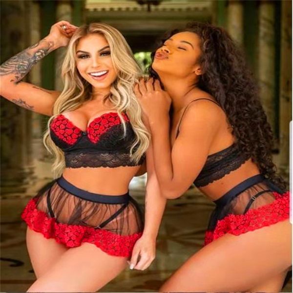 

lingerie costume sling v neck lace bra see through fashion women sleeveless lace mesh peach heart print underwear sets, Black;white