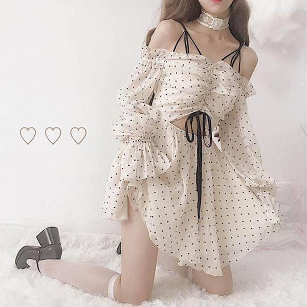 

summer women dresses mori girl female kawaii heart print lolita mini chiffon dress casual straps lace strapless long sleeved, Black;gray