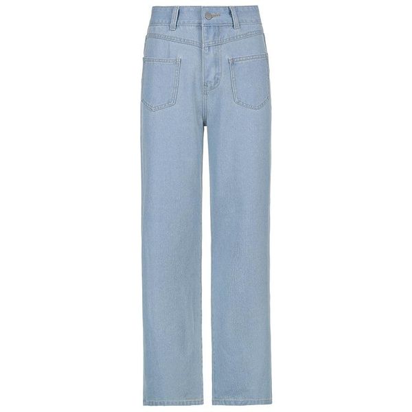 

women's jeans casual wide leg long front pockets light blue denim pants 2021 baggy high waist loose streetwear female