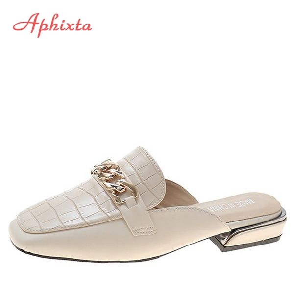 

aphixta chain mules women slides square toe ladies striped shoes summer fashion footwear plus big size 43 slippers 211012, Black