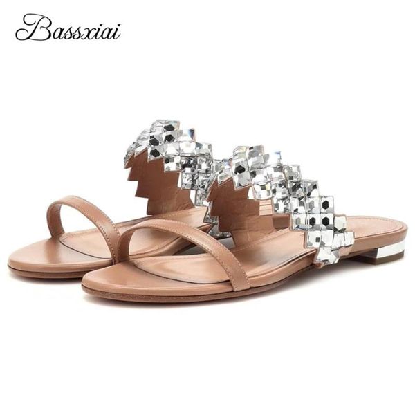

genuine leather flat heel women slippers open toe one-strap crystal rhinestone summer beach shoes woman zapatos de mujer, Black