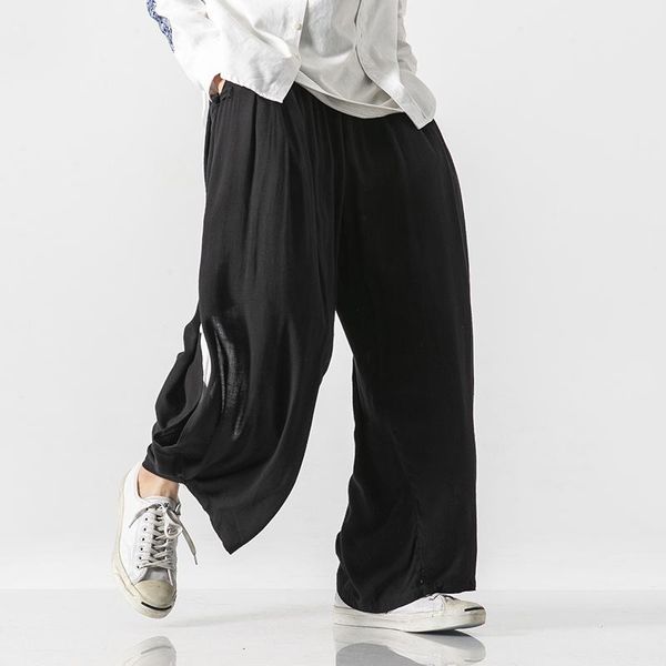 

men's pants men harem trousers autumn winter side slit splice wide leg casual male streetwear hip hop loose kongfu skirt pant, Black