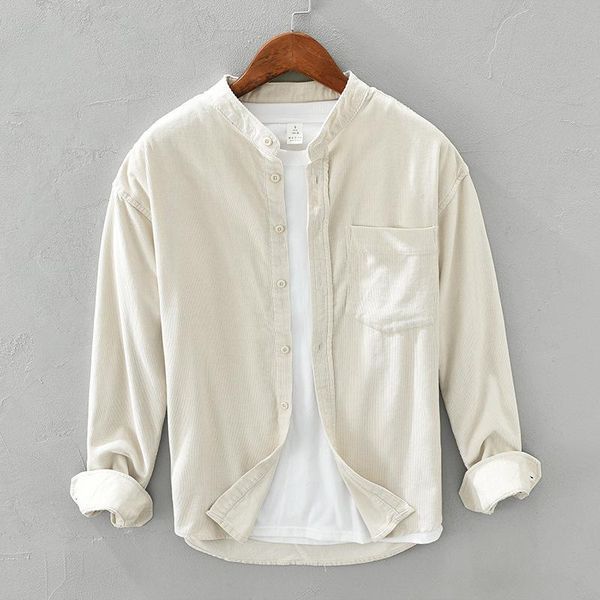 

men's casual shirts 201 corduroy button down for men pure cotton stand collar long sleeve shirt male solid regular clothes, White;black