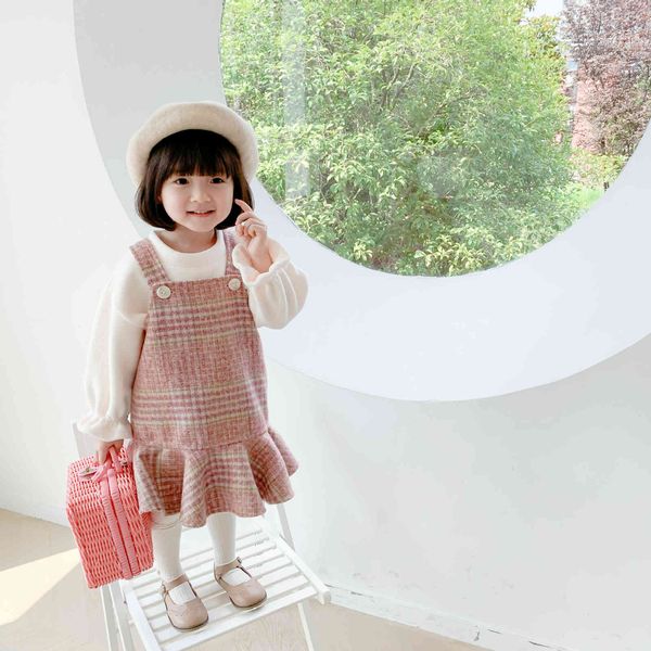 

autumn winter cute girls woolen fashion falbala sleeveless overalls dresses girl warm dress 210508, Red;yellow