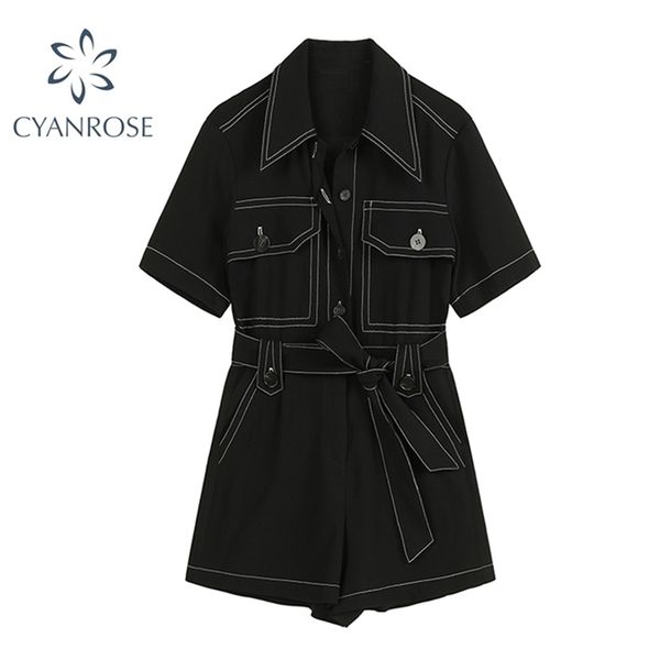 

women jumpsuit shorts summer fashion streetwear lapel short sleeve high waist safari style rompers mujer 210515, Black;white
