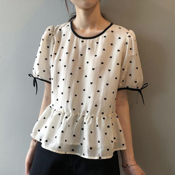 

women's blouses & shirts 2021 summer women blouse shirt vintage elegant love flocking o- neck korean style puff sleeve female white fas