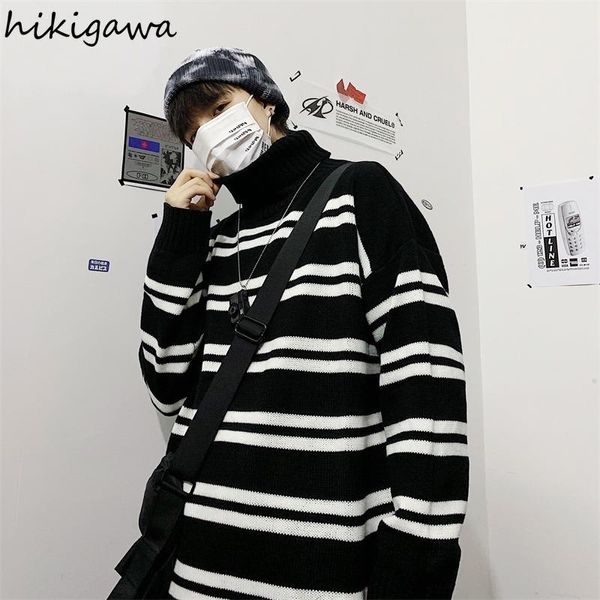 

women's sweaters hikigawa vintage woman autumn 2021 fashion knitted striped pullovers pull femme oversized outwear streetwear bf jumper, White;black