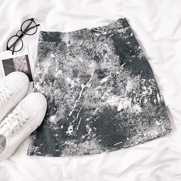 

women mini skirt vintage black white print short skirts fashion high waist a line