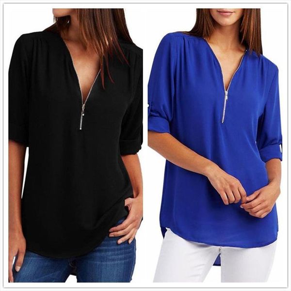 

4xl 5xl plus size womens shirts chiffon casual long sleeve v neck zipper loose shirt fashion leisure spring summer sexy, White