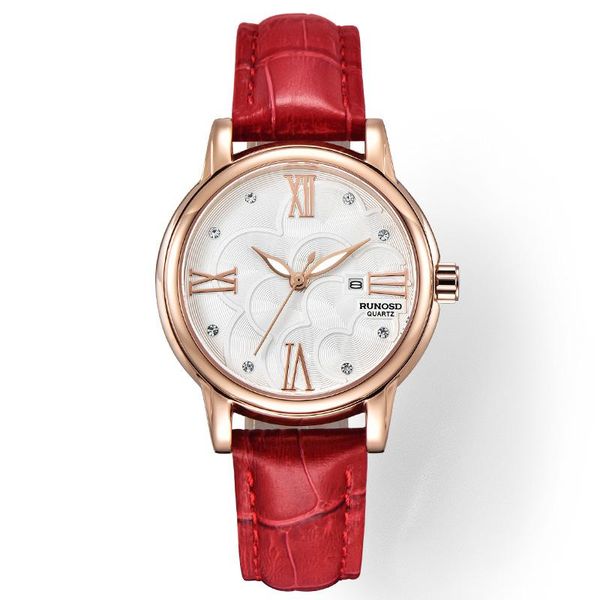 

wristwatches runosd ladies watch fashion luxury rose gold petal calendar dial miyota quartz sapphire crystal cowhide 5183l, Slivery;brown