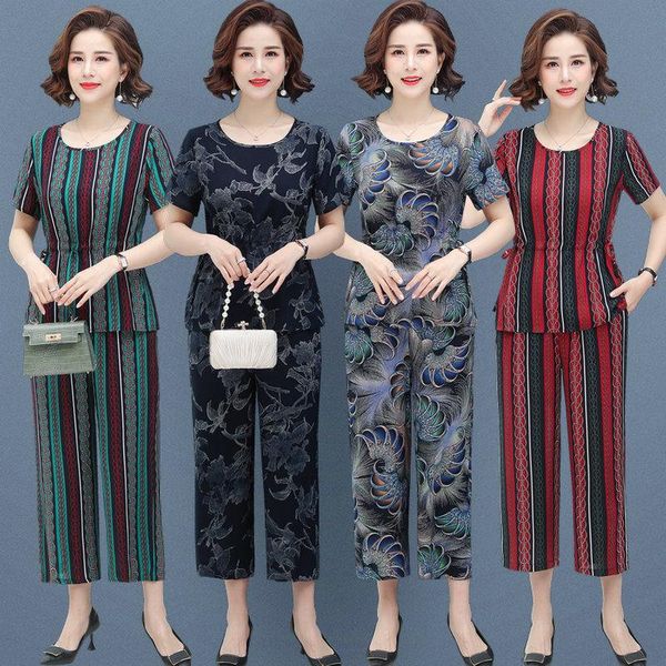 

elegant fashion middle-aged women summer suits loose printed short sleeve t-shirt & pants women's 2 pieces sets l391 two piece, White