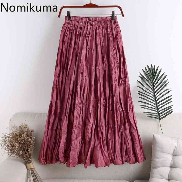 

nomikuma vintage fashion folds design a line skirt female solid color high waist skirts women arrival faldas mujer 3c509 210514, Black