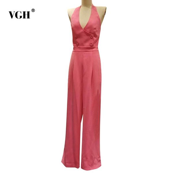 

women's jumpsuits & rompers vgh elegant loose women v neck sleeveless high waist long wide leg jumpsuit for female fashion clothes 2021, Black;white