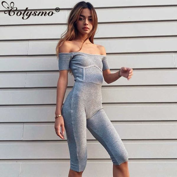 Colysmo Off Playsuit Mulheres Mulheres Verão Roupas Cinza Manga Curta Horizontal Bodycon Romper Street Jumpsuit 210527