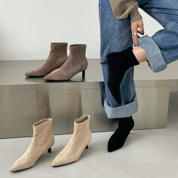

boots autumn and winter pointed toe short women's thin low-heeled suede high-heeled small pepper nude ladies, Black