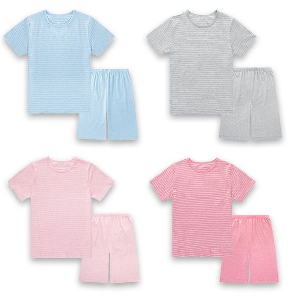

kids boy pajamas set children girl summer stripe cotton sleepwear teenager short sleeve pants 2pcs loungewear clothes 210915, Blue;red