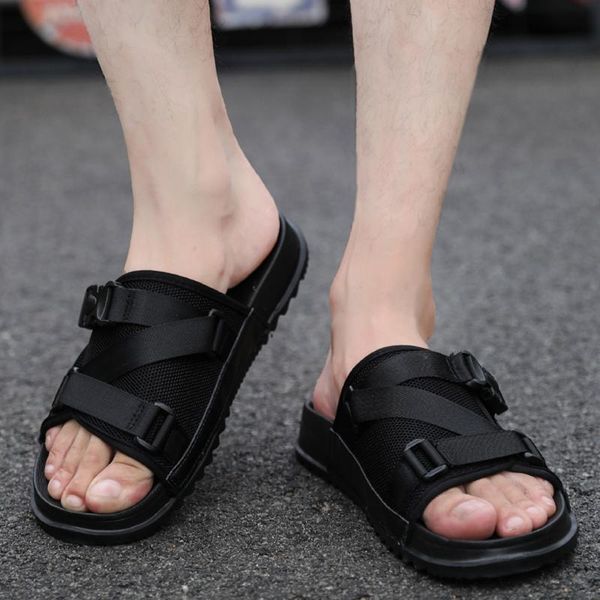 

slippers sagace summer fashion men's large size solid slip-on flats soft bottom buckle decorative beach men 2021feb22, Black