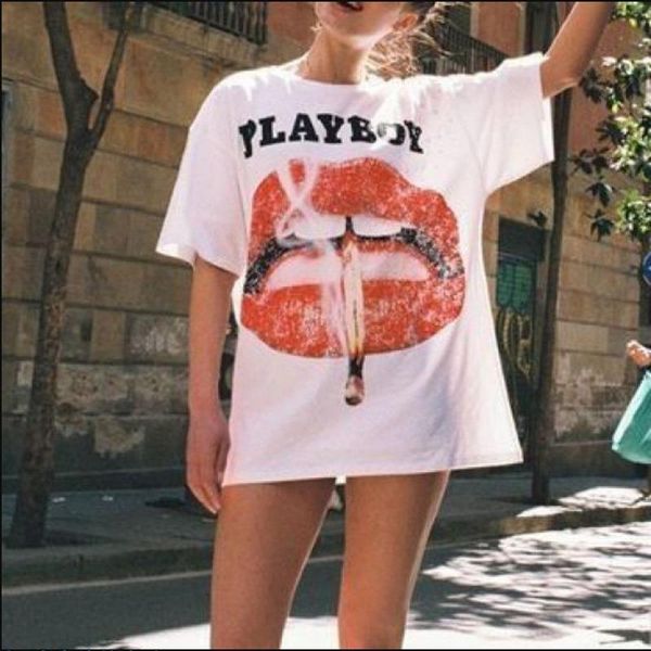 

women's t-shirt white summer big lip printed harajuku short sleeve for women 2021 plus size fashion