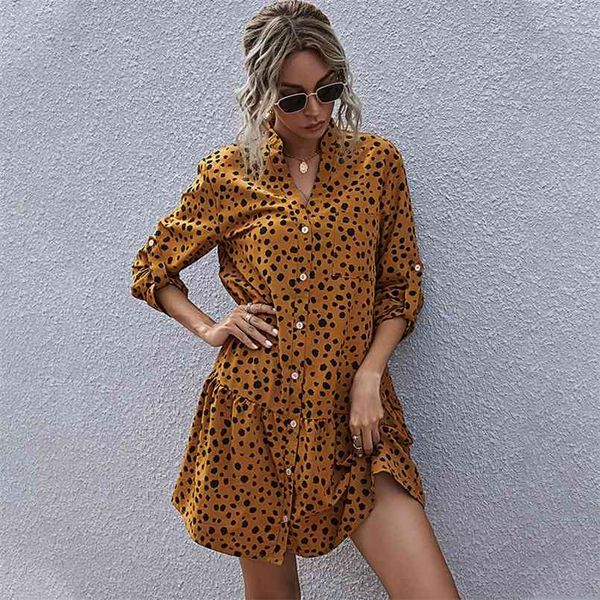 

autumn leopard mini dresses for women polka dot print elegant vintage long sleeve ruffled ladies v-neck shirt dress 210508, Black;gray