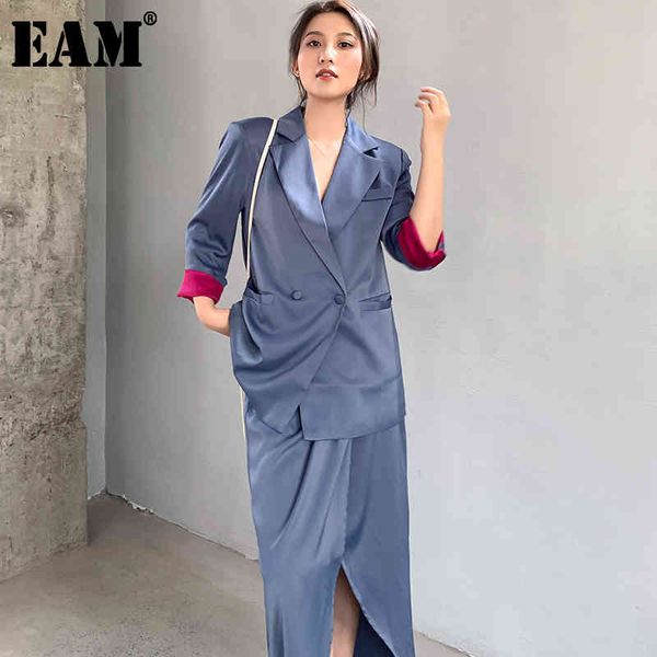 

[eam] half-body skirt vent split two pieces suit lapel long sleeve blue loose women fashion spring autumn 1t486 21512, White